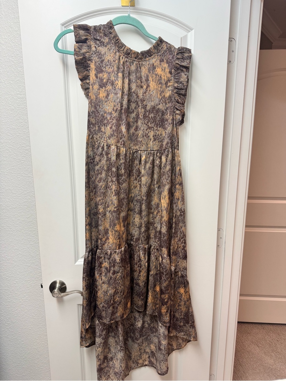 Karlie Brown and Tan Ruffle-Tier High-Low Maxi Dress